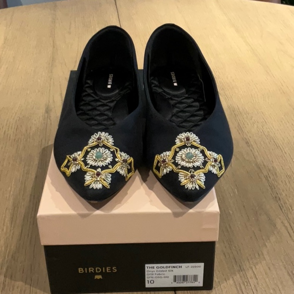 Birdies Women's Black and Gold Embroidered Flats